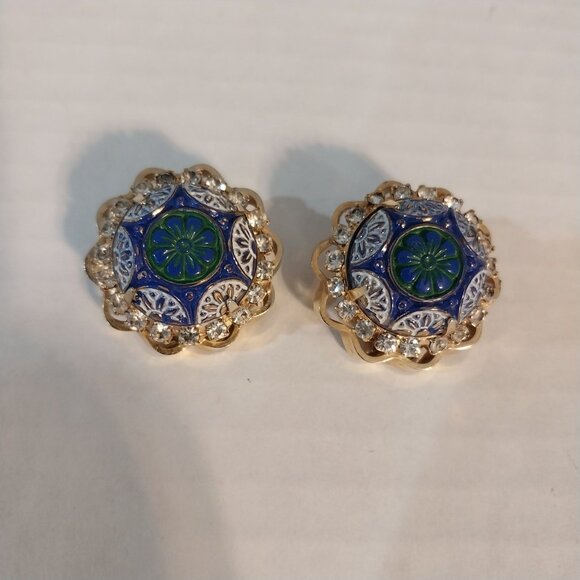 Vintage Mosaic Cabochon Earrings Blue Green White And Gold Tone - Picture 1 of 4